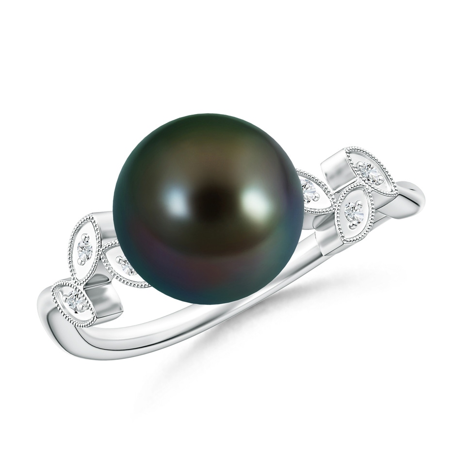 9mm AAAA Tahitian Cultured Pearl and Diamond Ring with Leaf Motifs in White Gold 