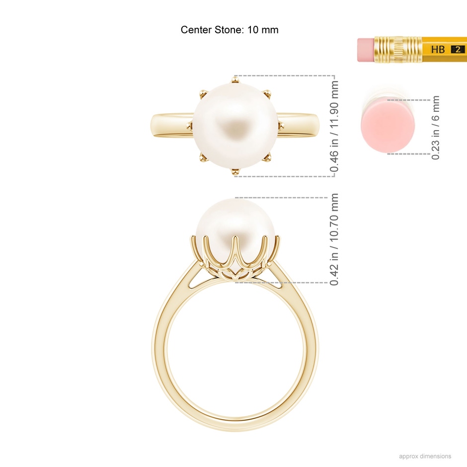 10mm AAA Freshwater Pearl Solitaire Crown Ring in Yellow Gold ruler