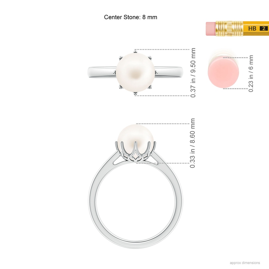 8mm AA Freshwater Pearl Solitaire Crown Ring in 9K White Gold ruler