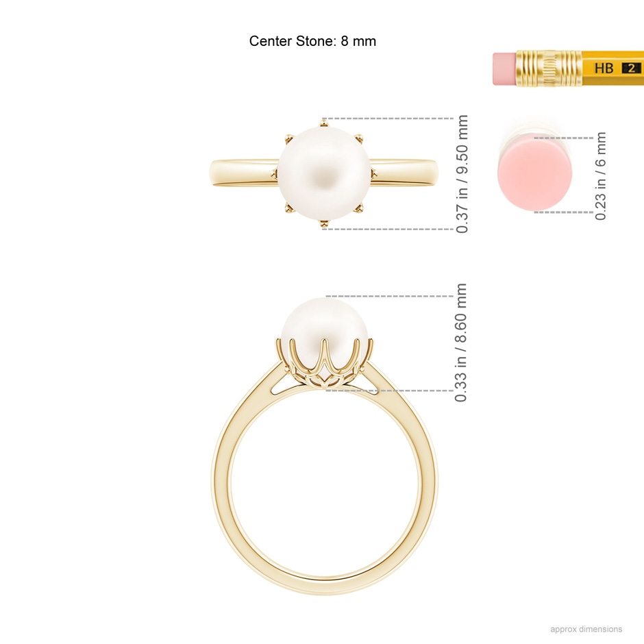 8mm AA Freshwater Pearl Solitaire Crown Ring in 9K Yellow Gold ruler