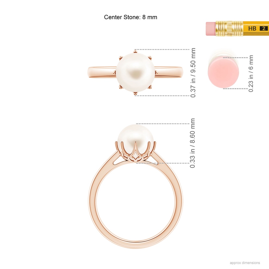 8mm AAA Freshwater Pearl Solitaire Crown Ring in Rose Gold ruler