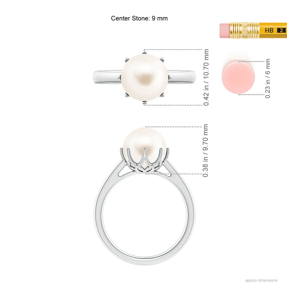 9mm AAA Freshwater Pearl Solitaire Crown Ring in White Gold ruler