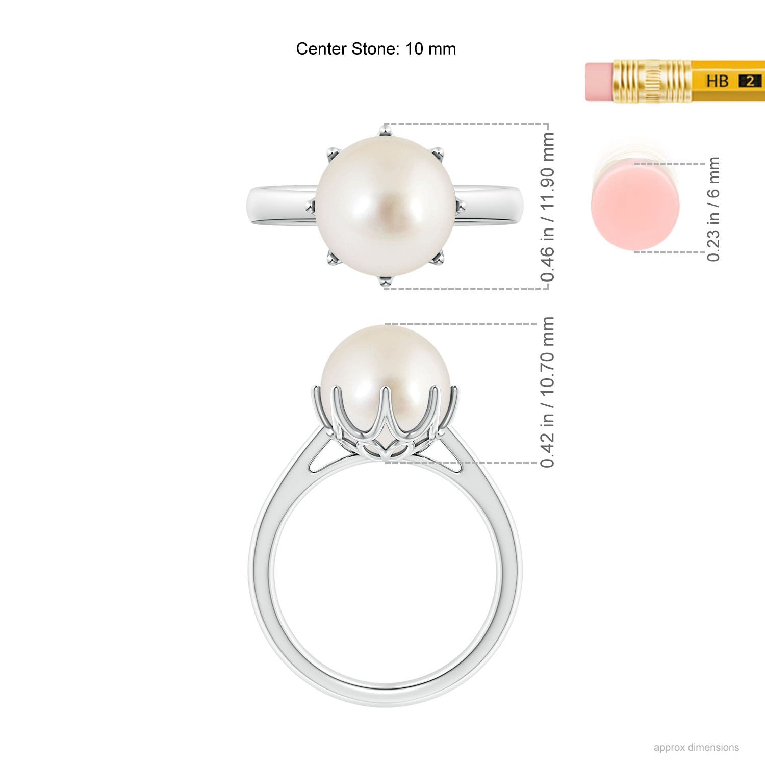 10mm AAAA South Sea Pearl Solitaire Crown Ring in White Gold - ruler