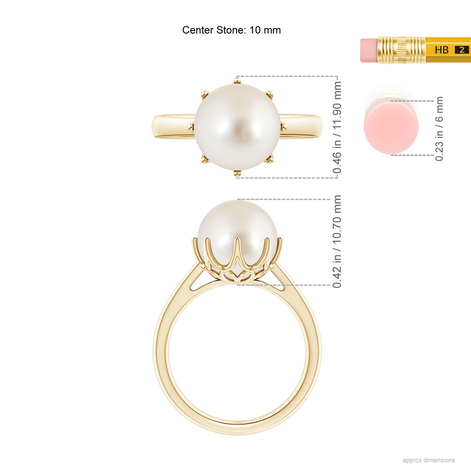 10mm AAAA South Sea Pearl Solitaire Crown Ring in Yellow Gold ruler
