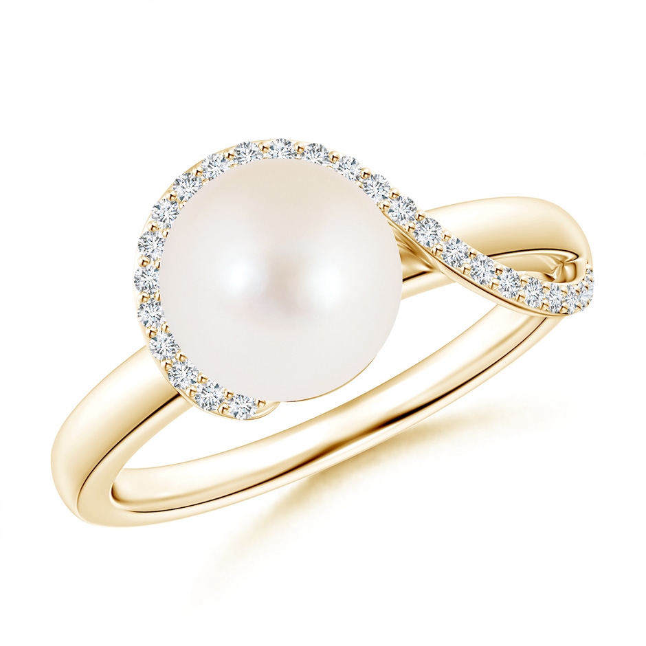 8mm AAA Freshwater Pearl Swirl Ring with Diamonds in Yellow Gold 
