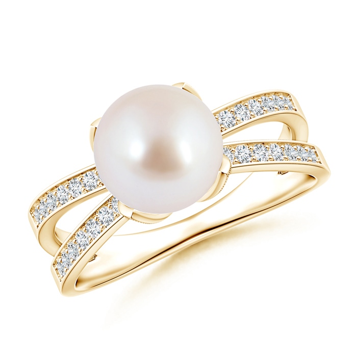 8mm AAA Japanese Akoya Pearl Solitaire Split Shank Ring in Yellow Gold