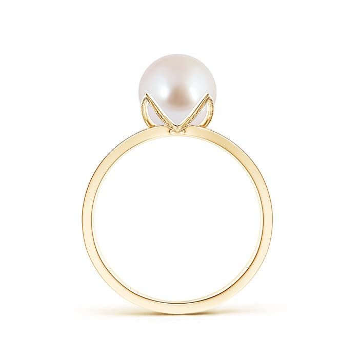 8mm AAA Japanese Akoya Pearl Solitaire Split Shank Ring in Yellow Gold - side 1