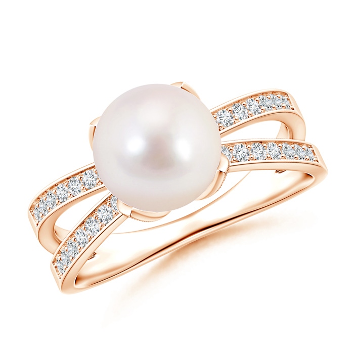 8mm AAAA Japanese Akoya Pearl Solitaire Split Shank Ring in Rose Gold
