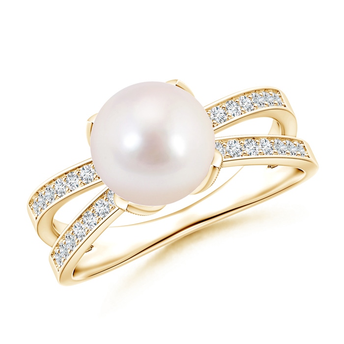 8mm AAAA Japanese Akoya Pearl Solitaire Split Shank Ring in Yellow Gold