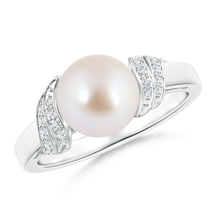 8mm AAA Akoya Cultured Pearl and Diamond Swirl Ring in White Gold