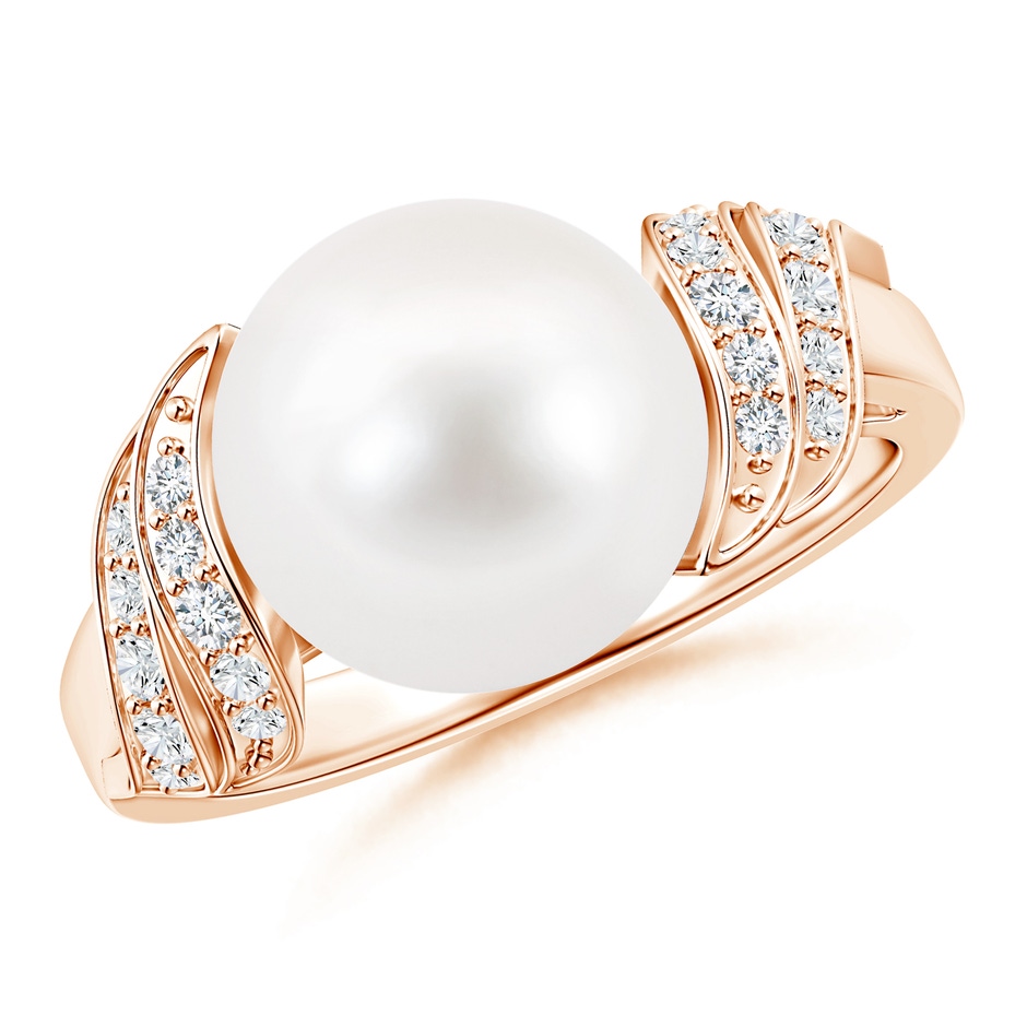 10mm AA Freshwater Pearl and Diamond Swirl Ring in Rose Gold 