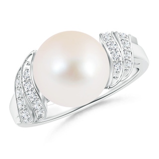 10mm AAA Freshwater Pearl and Diamond Swirl Ring in White Gold