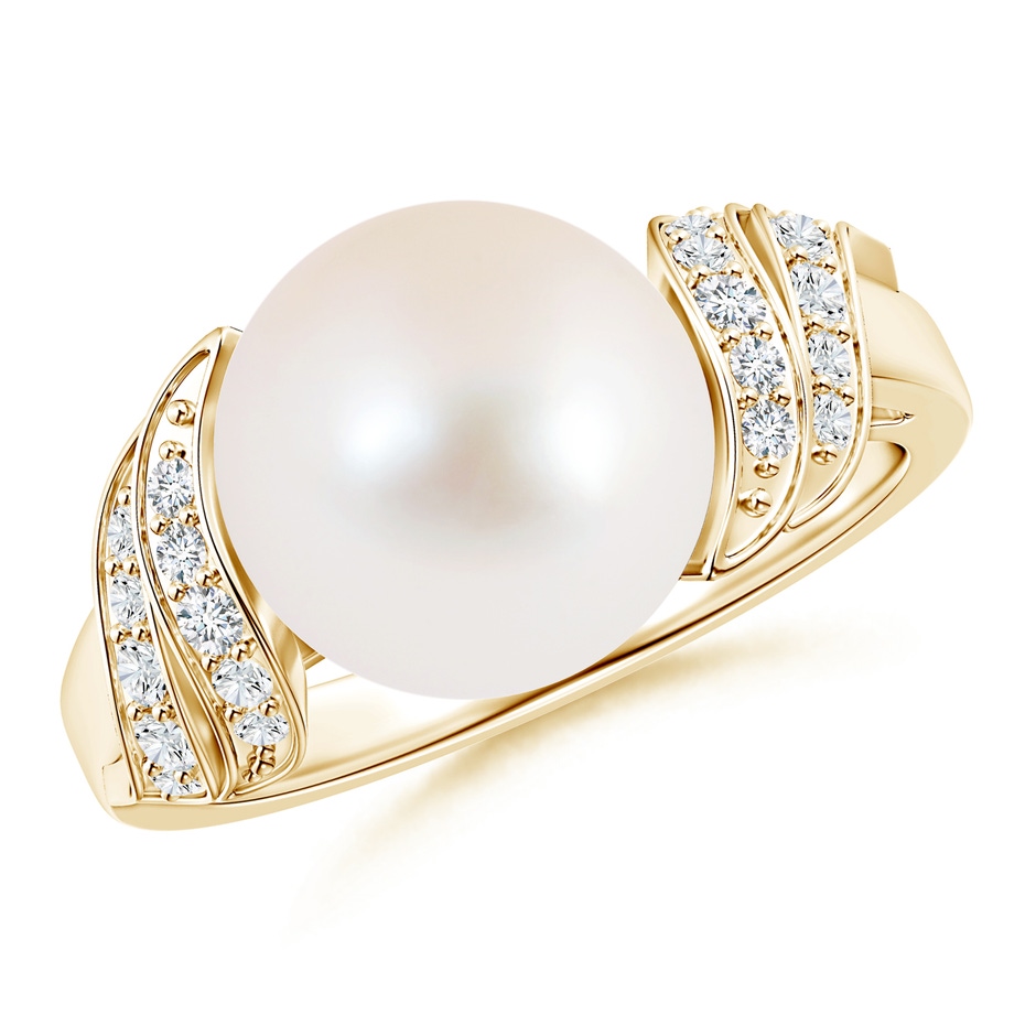 10mm AAA Freshwater Pearl and Diamond Swirl Ring in Yellow Gold 