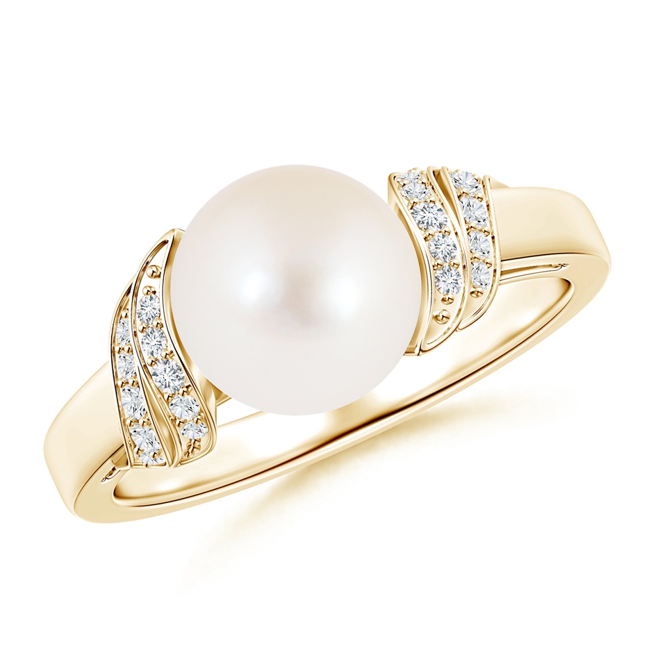 8mm AAA Freshwater Pearl and Diamond Swirl Ring in 9K Yellow Gold 