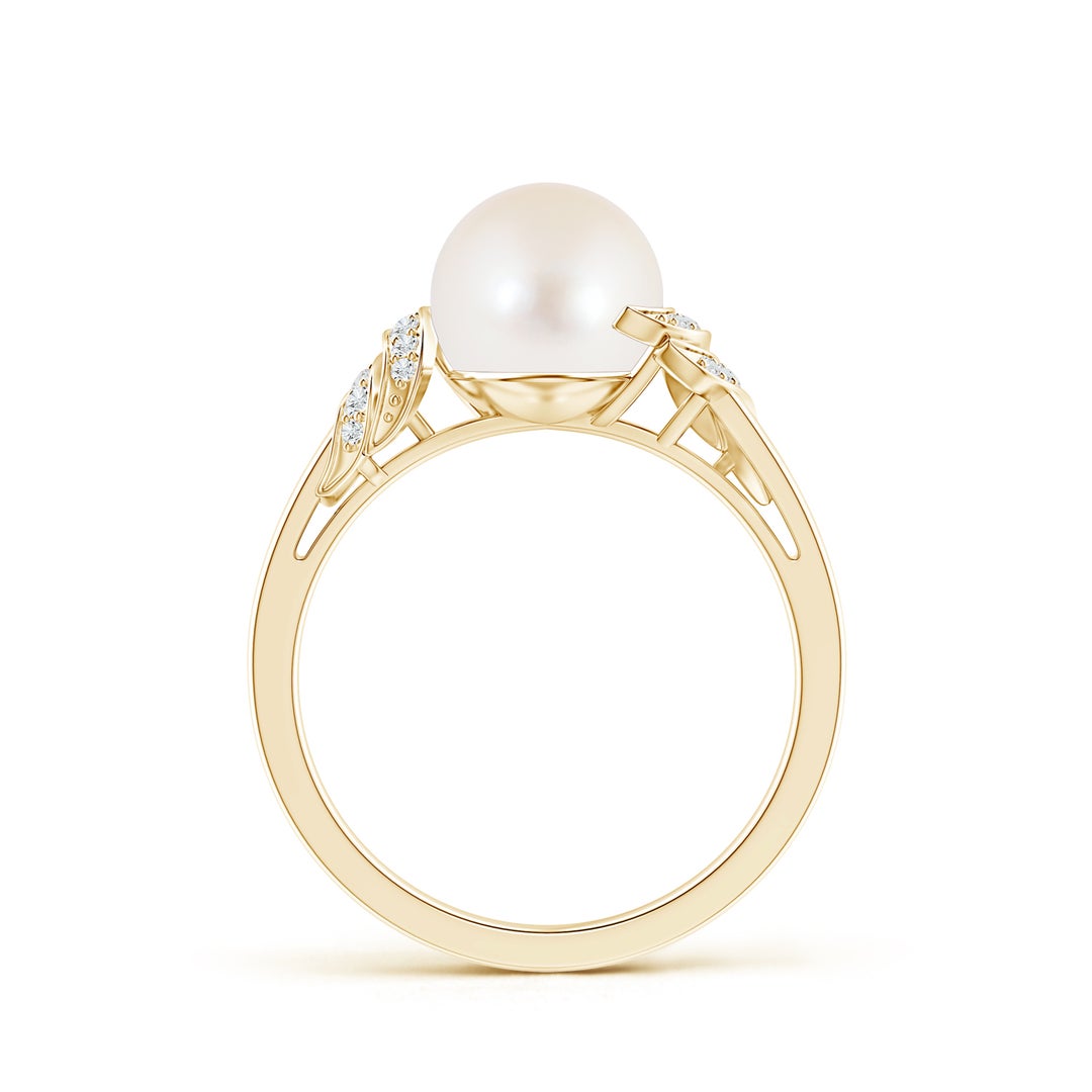 8mm AAA Freshwater Pearl and Diamond Swirl Ring in Yellow Gold - side 1