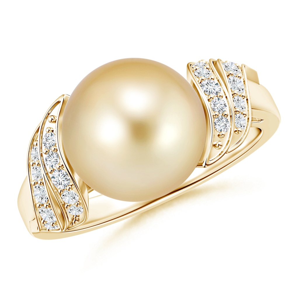 10mm AAAA Golden South Sea Cultured Pearl and Diamond Swirl Ring in Yellow Gold