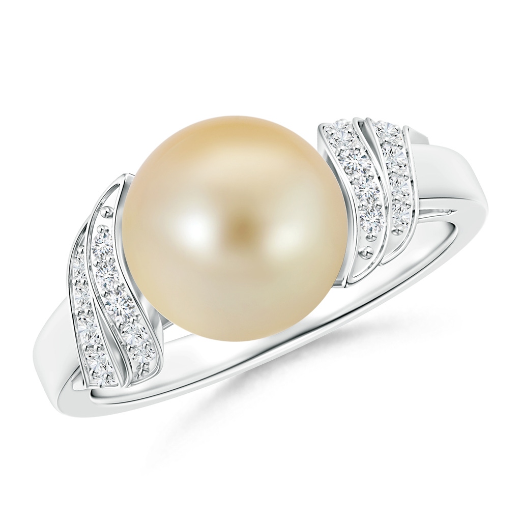 9mm AAA Golden South Sea Cultured Pearl and Diamond Swirl Ring in White Gold
