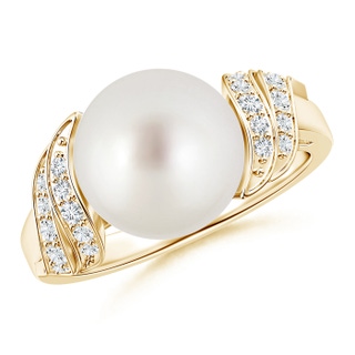 10mm AAA South Sea Cultured Pearl and Diamond Swirl Ring in Yellow Gold