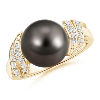 10mm AAA Tahitian Cultured Pearl and Diamond Swirl Ring in Yellow Gold