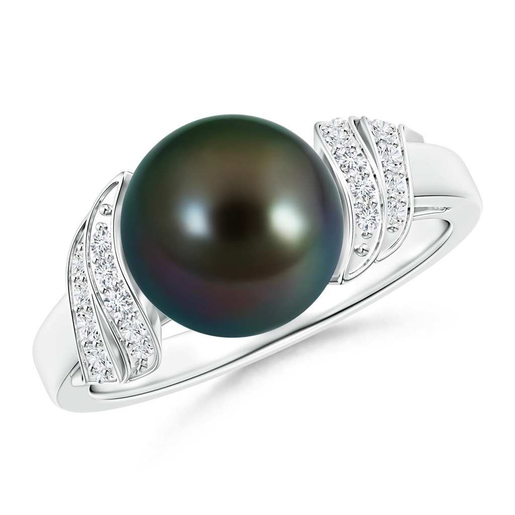 9mm AAAA Tahitian Cultured Pearl and Diamond Swirl Ring in White Gold