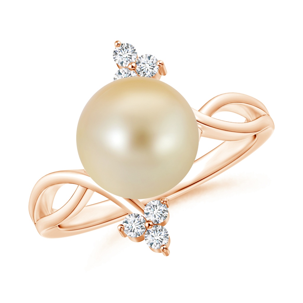 9mm AAA Golden South Sea Cultured Pearl Bypass Ring with Trio Diamond in Rose Gold