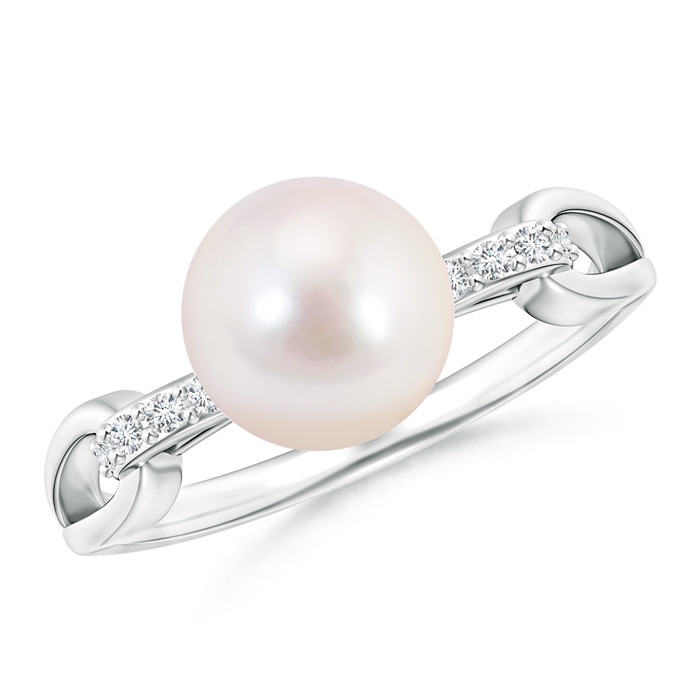 8mm AAAA Akoya Cultured Pearl Ring with Diamond Loop Link in S999 Silver