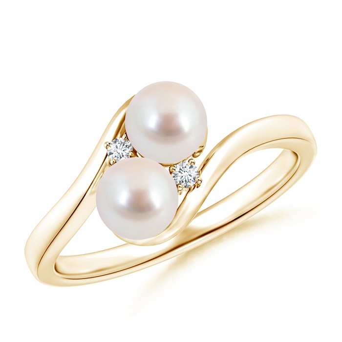 5mm AAA Double Japanese Akoya Pearl Ring with Diamond Accents in Yellow Gold 