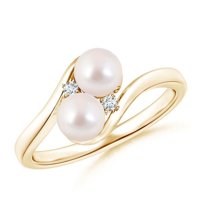 5mm AAAA Double Japanese Akoya Pearl Ring with Diamond Accents in Yellow Gold