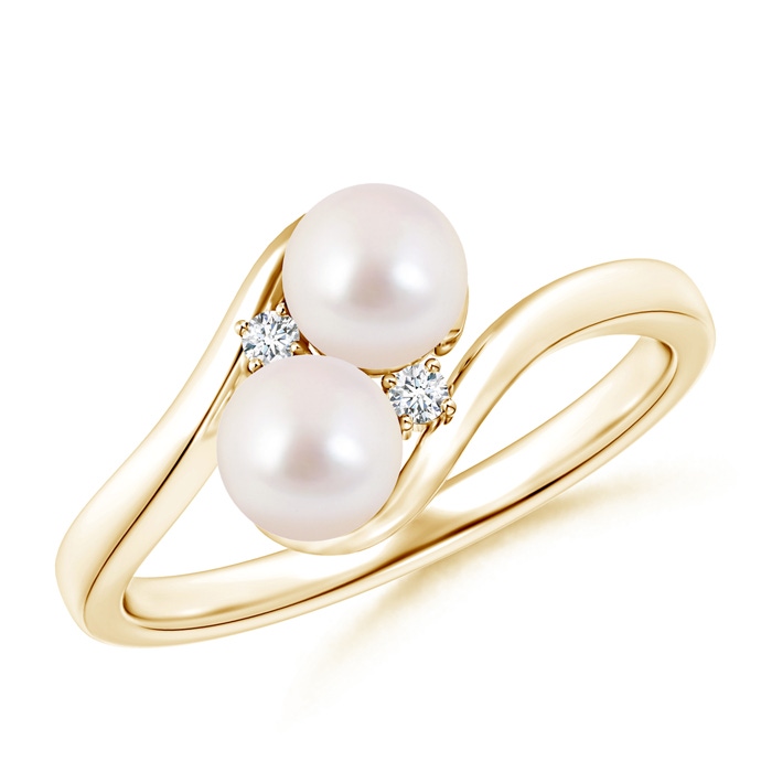5mm AAAA Double Japanese Akoya Pearl Ring with Diamond Accents in Yellow Gold 