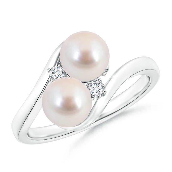 6mm AAA Double Japanese Akoya Pearl Ring with Diamond Accents in White Gold