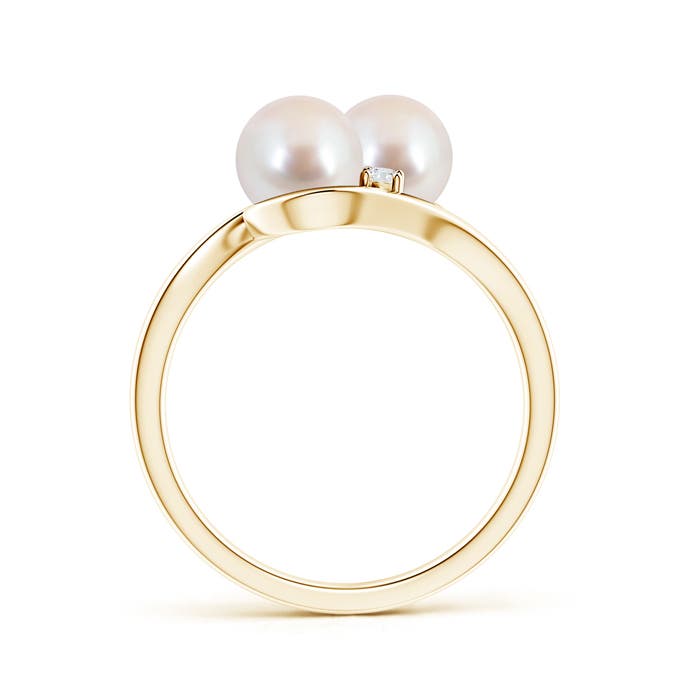 6mm AAA Double Japanese Akoya Pearl Ring with Diamond Accents in Yellow Gold