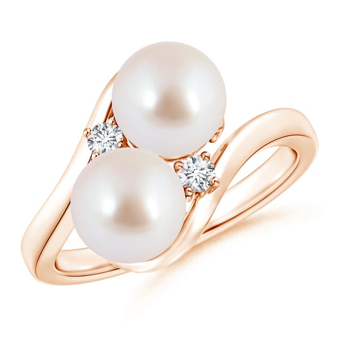 7mm AAA Double Japanese Akoya Pearl Ring with Diamond Accents in Rose Gold