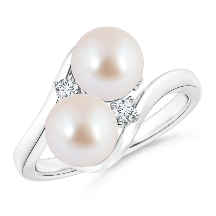 7mm AAA Double Japanese Akoya Pearl Ring with Diamond Accents in White Gold 