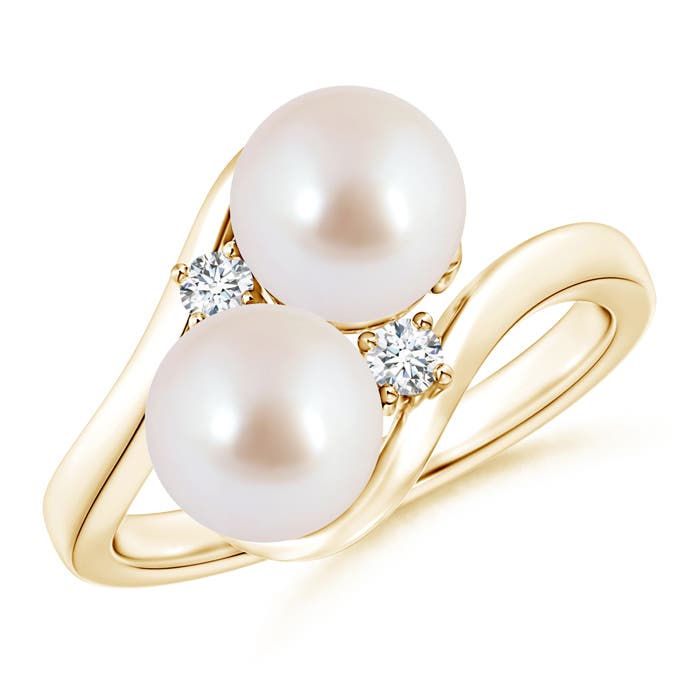 7mm AAA Double Japanese Akoya Pearl Ring with Diamond Accents in Yellow Gold