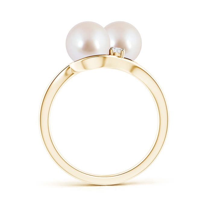 7mm AAA Double Japanese Akoya Pearl Ring with Diamond Accents in Yellow Gold