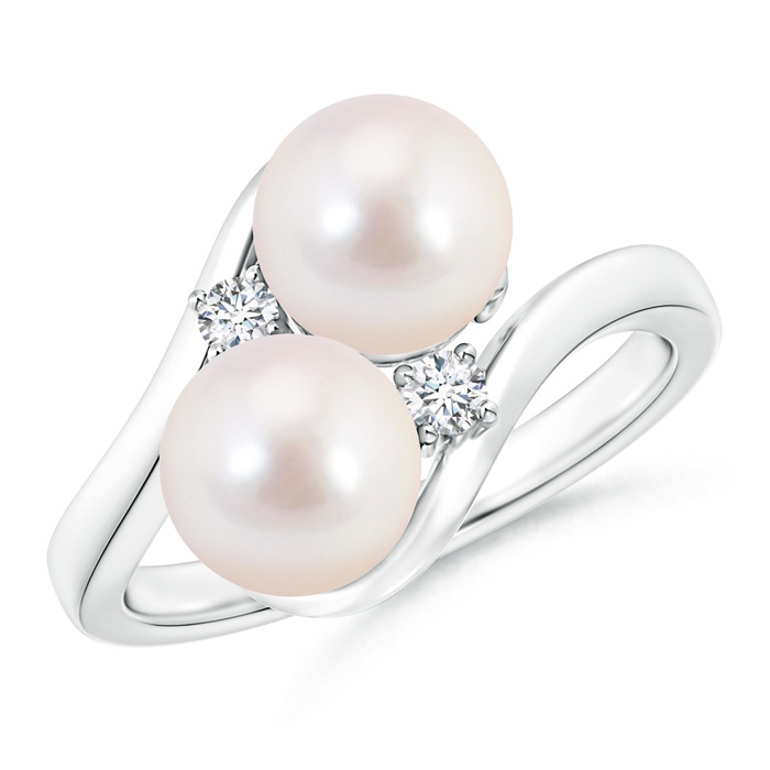 7mm AAAA Double Japanese Akoya Pearl Ring with Diamond Accents in White Gold 