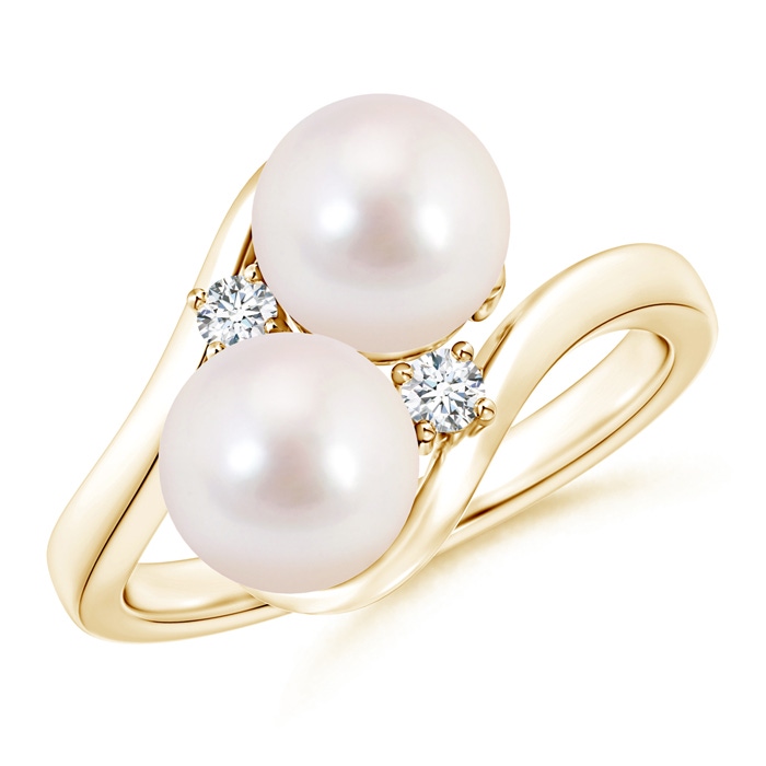 7mm AAAA Double Japanese Akoya Pearl Ring with Diamond Accents in Yellow Gold 