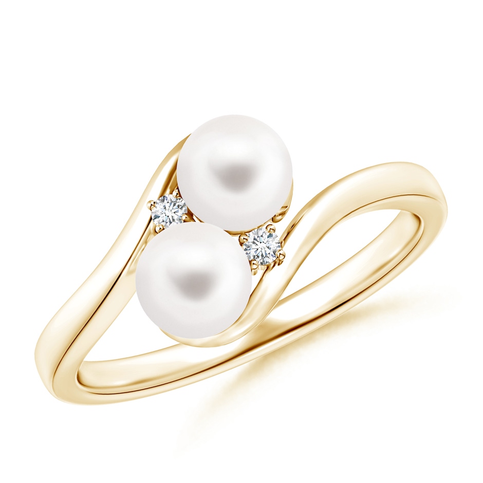5mm AA Double Freshwater Pearl Ring with Diamond Accents in Yellow Gold 