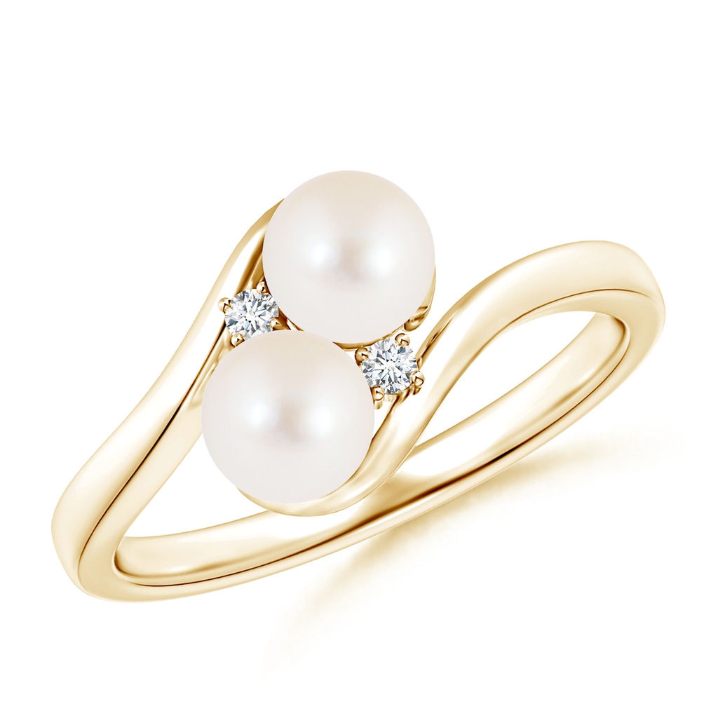 5mm AAA Double Freshwater Pearl Ring with Diamond Accents in 9K Yellow Gold