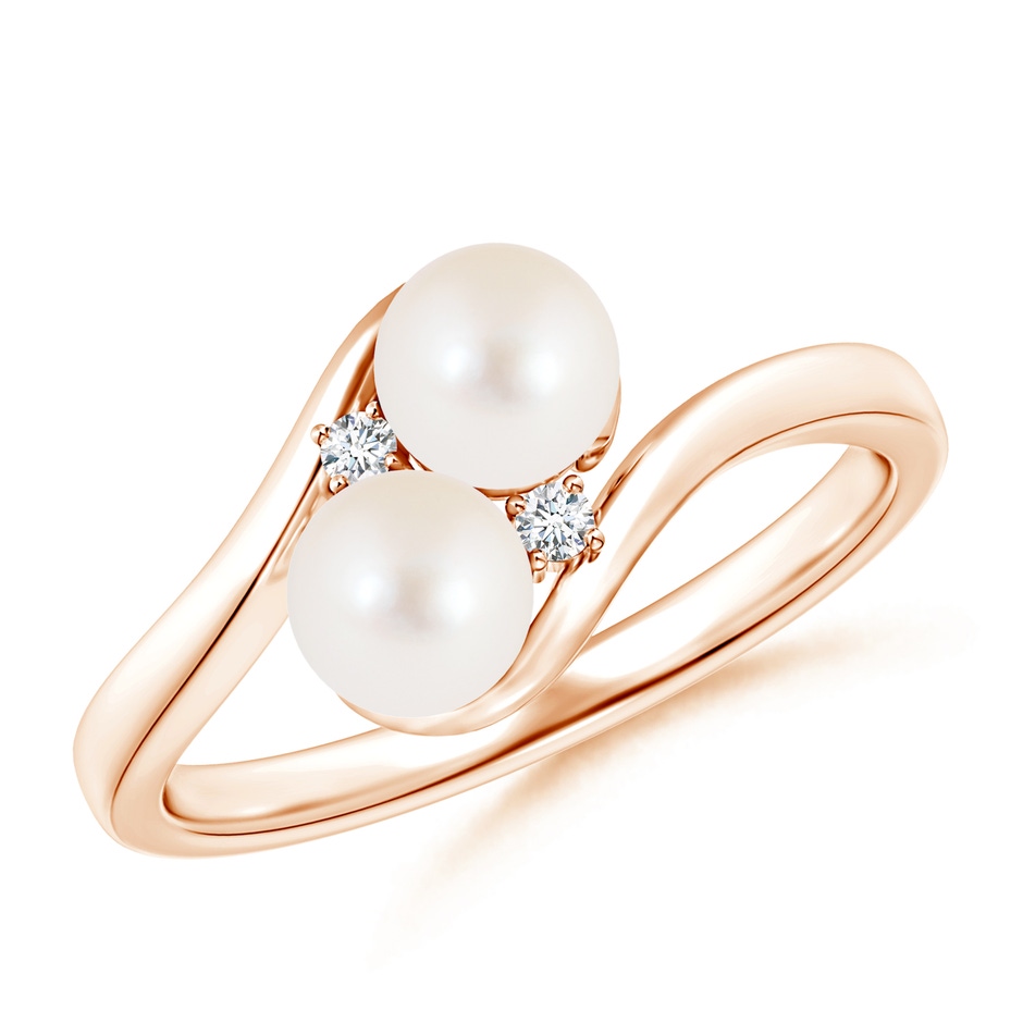 5mm AAA Double Freshwater Pearl Ring with Diamond Accents in Rose Gold 