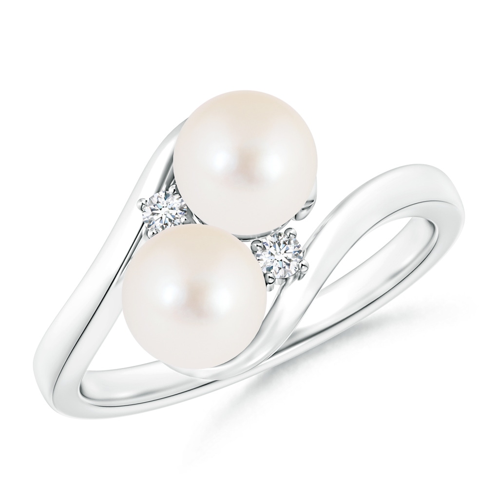 6mm AAA Double Freshwater Pearl Ring with Diamond Accents in White Gold
