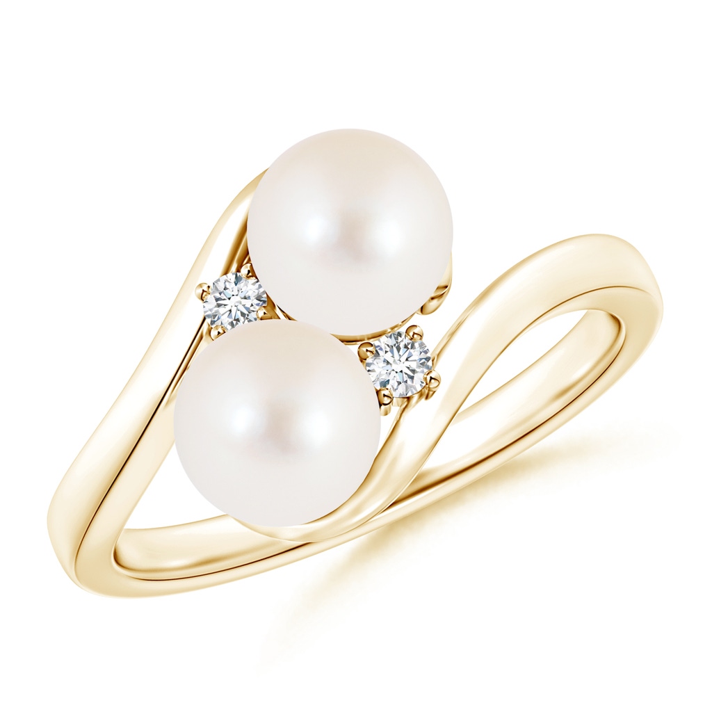 6mm AAA Double Freshwater Pearl Ring with Diamond Accents in Yellow Gold