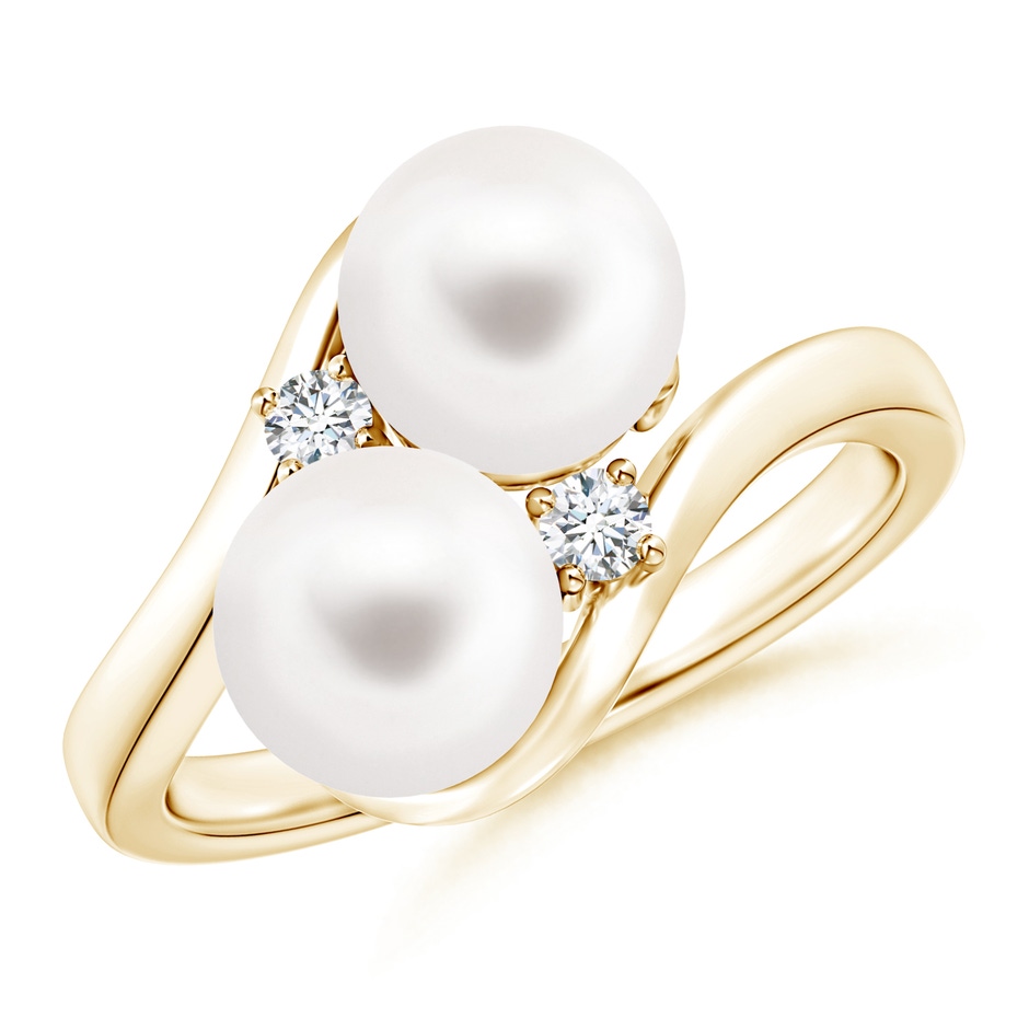 7mm AA Double Freshwater Pearl Ring with Diamond Accents in Yellow Gold 