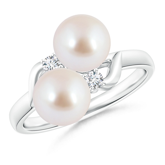7mm AAA Two Stone Akoya Cultured Pearl Ring with Diamond Accents in White Gold