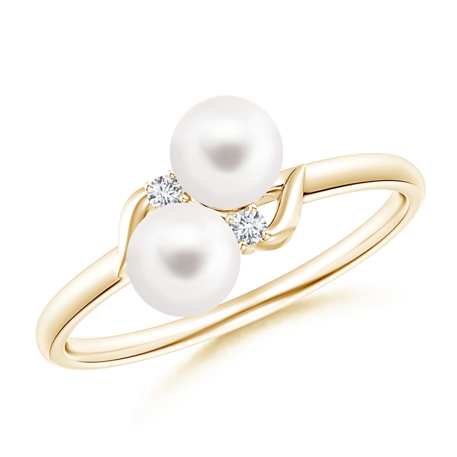 5mm AA Two Stone Freshwater Pearl Ring with Diamond Accents in Yellow Gold 
