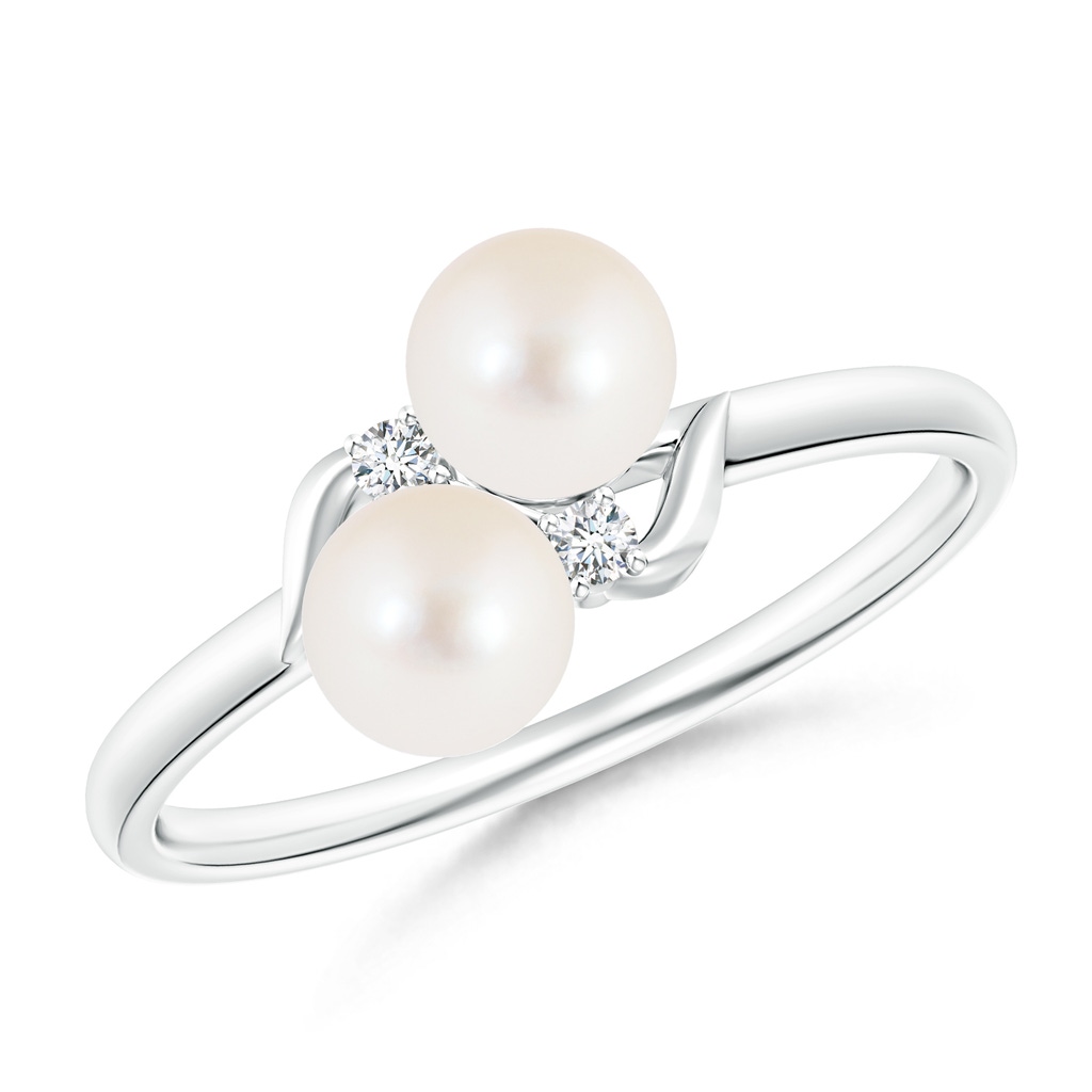 5mm AAA Two Stone Freshwater Pearl Ring with Diamond Accents in 10K White Gold