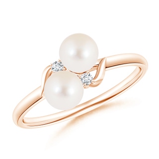 5mm AAA Two Stone Freshwater Pearl Ring with Diamond Accents in Rose Gold