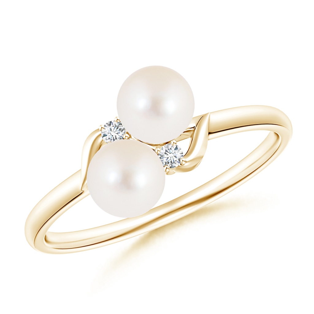 5mm AAA Two Stone Freshwater Pearl Ring with Diamond Accents in Yellow Gold