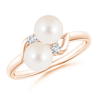 6mm AAA Two Stone Freshwater Pearl Ring with Diamond Accents in Rose Gold