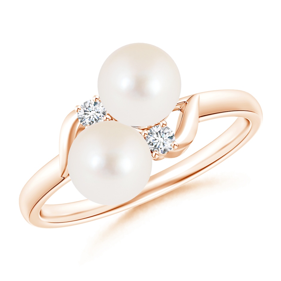 6mm AAA Two Stone Freshwater Pearl Ring with Diamond Accents in Rose Gold 